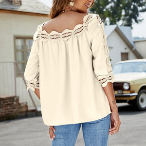 Damen Lässiges Spitzen quadratischer Kragen T-Shirt